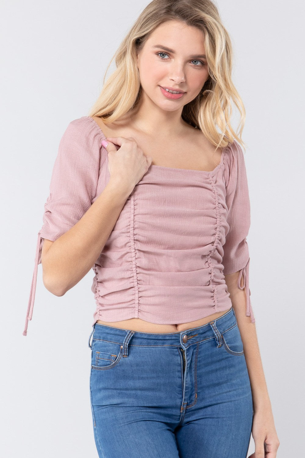 Sale - Elbow Slv Smocked Ruched Woven Top – On Sale Now