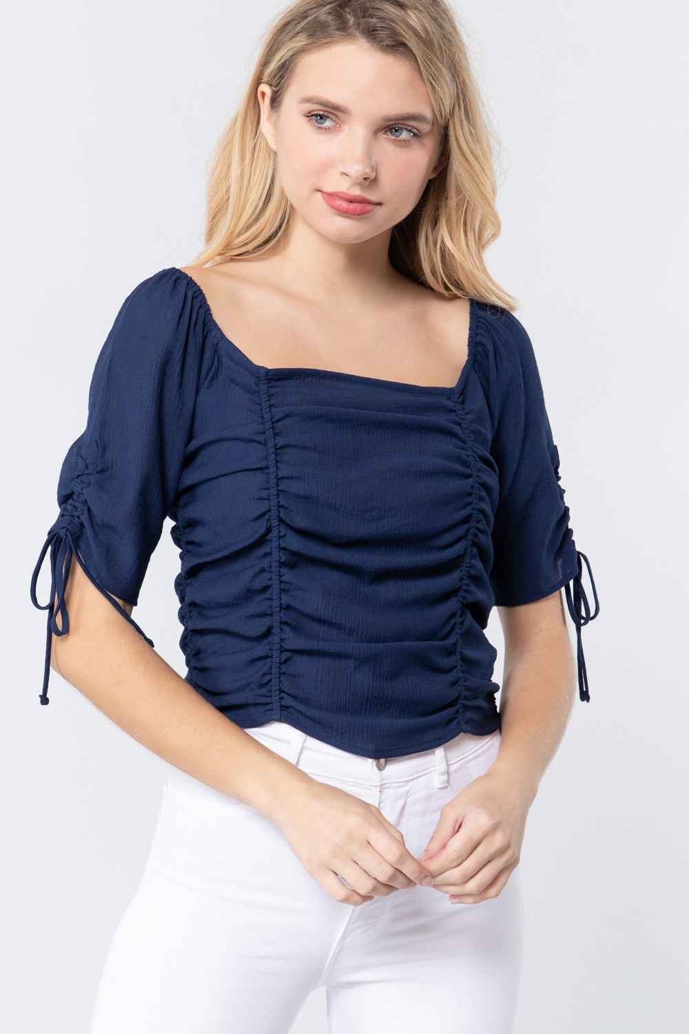 Sale - Elbow Slv Smocked Ruched Woven Top – On Sale Now