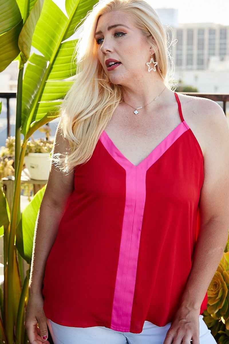 Plus Size Sleeveless V Neck Back Button Color Block Cami Top β Stylish & Comfortable β menβs fashion, stylish and versatile