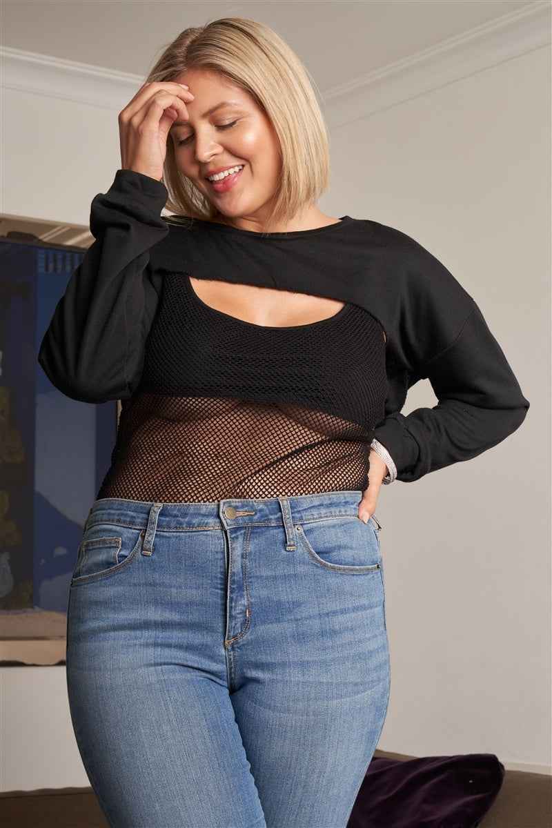 Plus Size Plus Black Raw Hem Long Sleeve Crop Overtop & Beach Net Sheer Bodysuit Two-piece Set โ Stylish & Comfortable โ menโs fashion, stylish and versatile