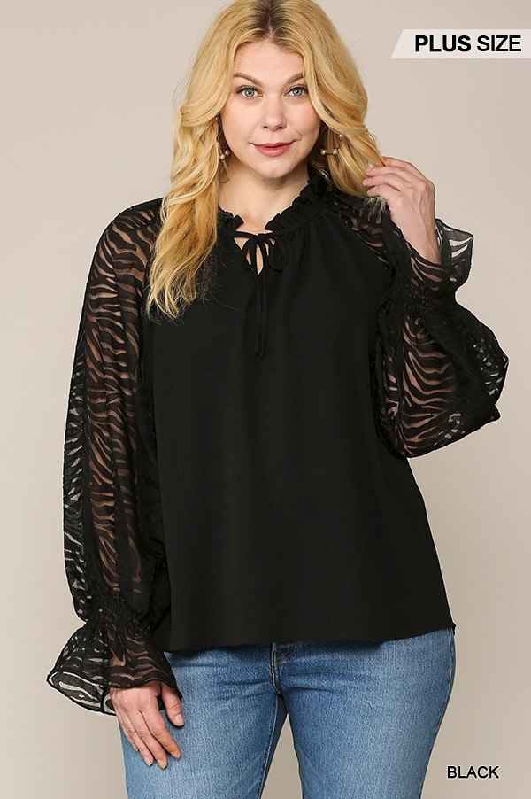 Plus Size Zebra Burnout Sleeve Ruffled Neck Bubble Crepe Blouse β Stylish & Comfortable β menβs fashion, stylish and versatile