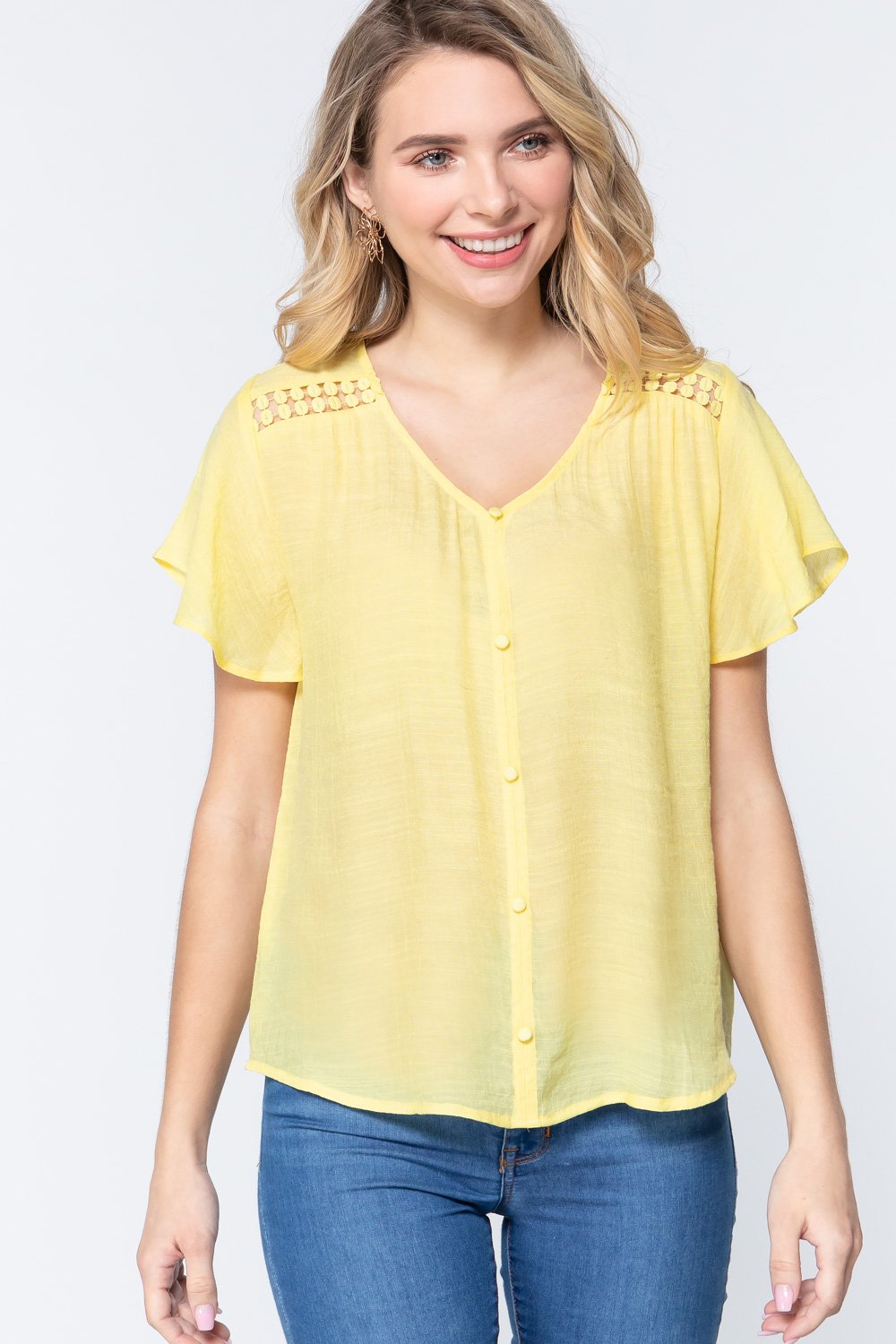 Sale - Short Ruffle Slv V-neck Woven Top – On Sale Now