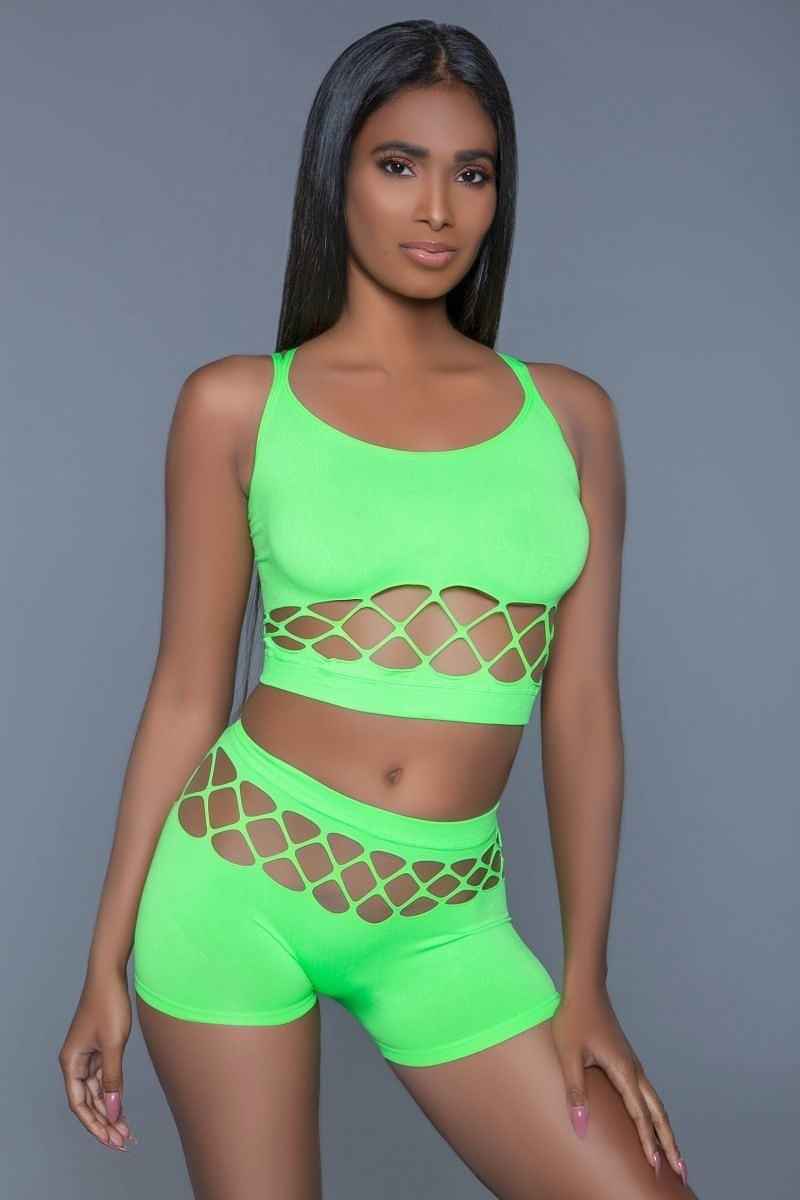 Sale - 2 pc silk fishnet set that includes a tank crop top with criss-cross cami straps and a pair of high waisted booty shorts. – On Sale Now