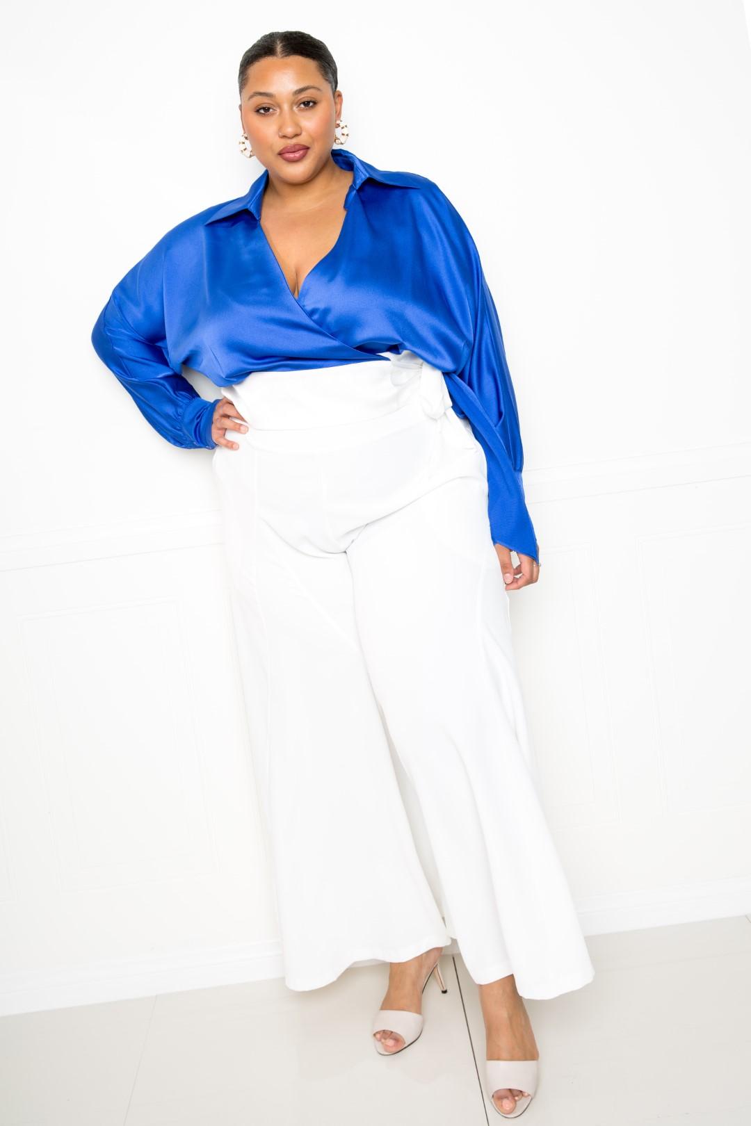Plus Size Satin Long Sleeve Tie Waist Wrap Top β Stylish & Comfortable β menβs fashion, stylish and versatile