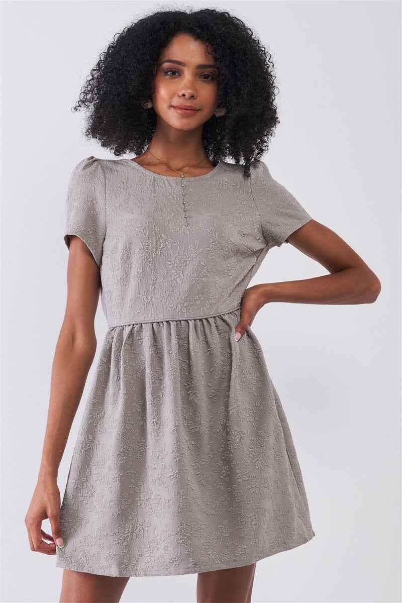 Sale - Silver Grey Floral Embroidery Round Neck Short Sleeve Mini Dress – On Sale Now