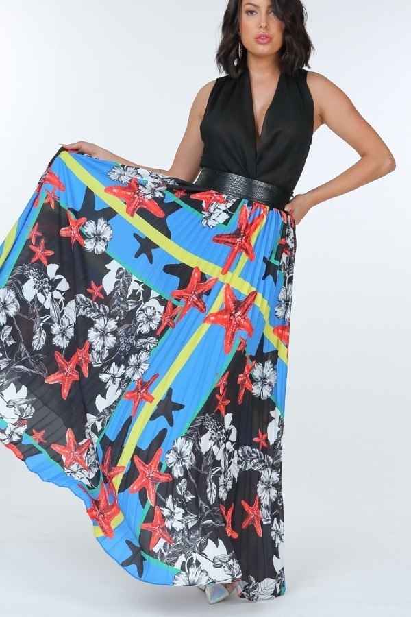 Sale - Pleated Print Maxi Skirt With Leather Waist Band – On Sale Now