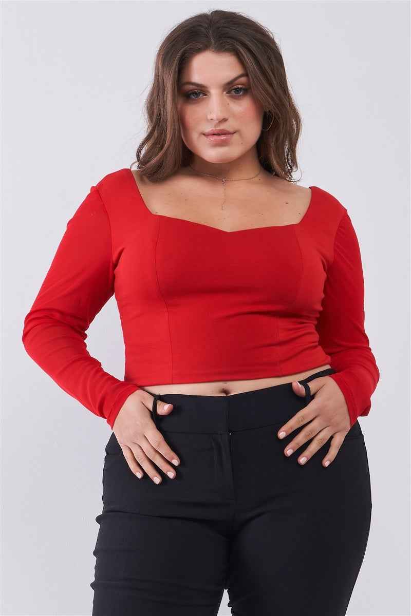 Plus Size Crimson Red Long Mesh Sleeve Sweetheart Neck Detail Structured Crop Top β Stylish & Comfortable β menβs fashion, stylish and versatile