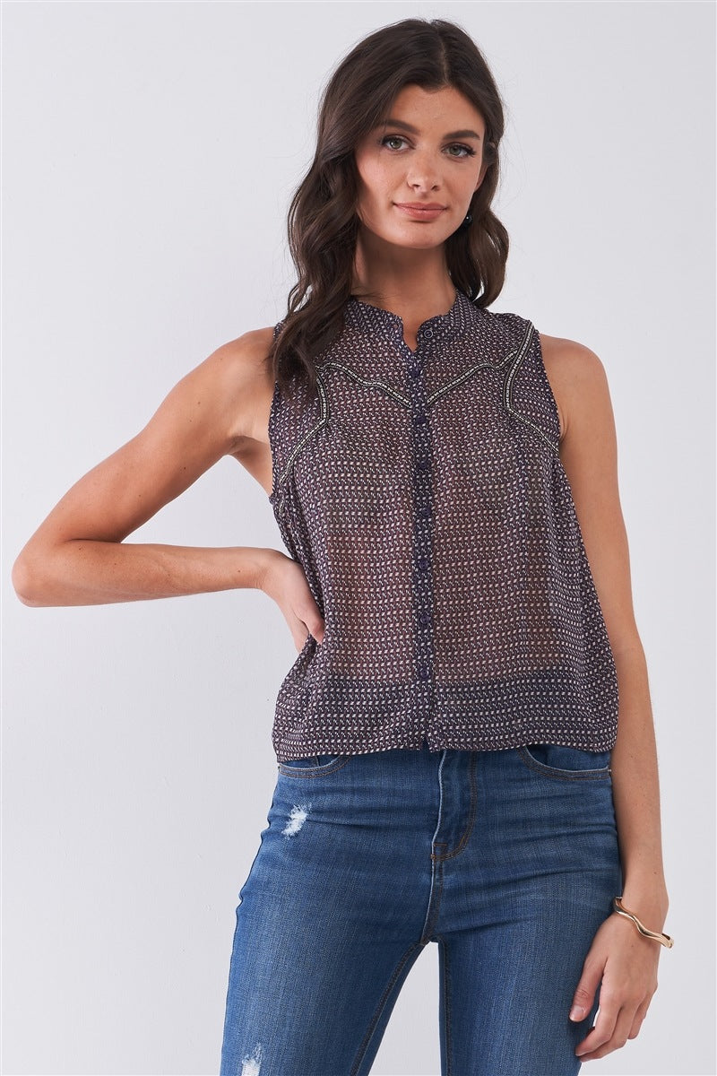 Sale - Purple & Multi Sleeveless Mock Neck Front Button Down Sheer Blouse Top – On Sale Now