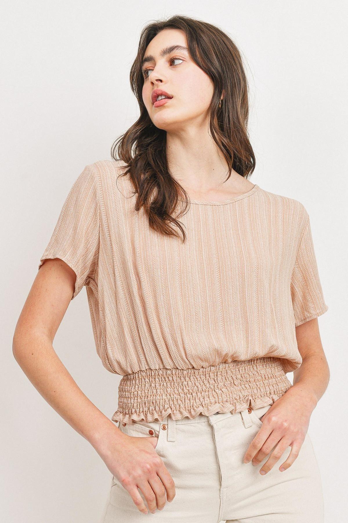 Sale - Woven Printed Crinkle Gauze Waist Smocking Short Sleeve Top – On Sale Now
