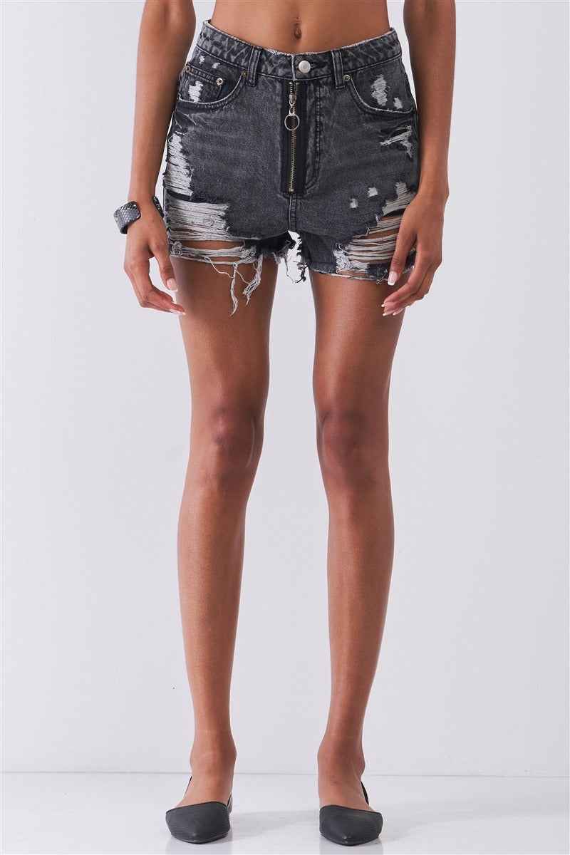 Sale - Ripped High-waist Front Zip-up Raw Hem Detail Distressed Mini Shorts – On Sale Now