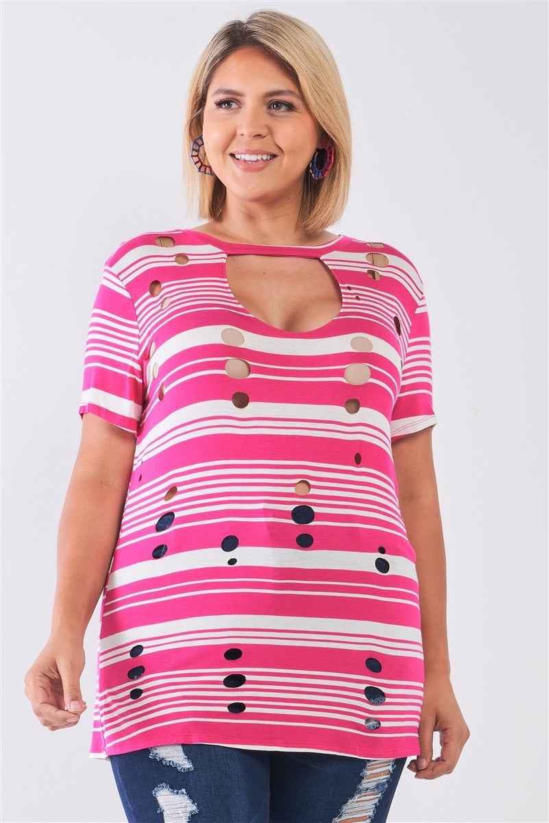 Plus Size Plus Striped And Distressed Cut-out Top β Stylish & Comfortable β menβs fashion, stylish and versatile