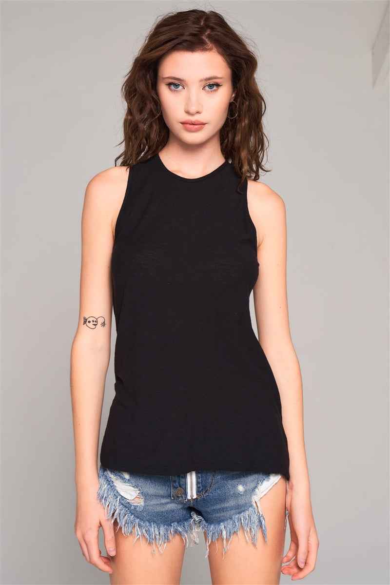 Sale - Sleeveless Crew Neck Cut-out Back Detail Longline Top – On Sale Now