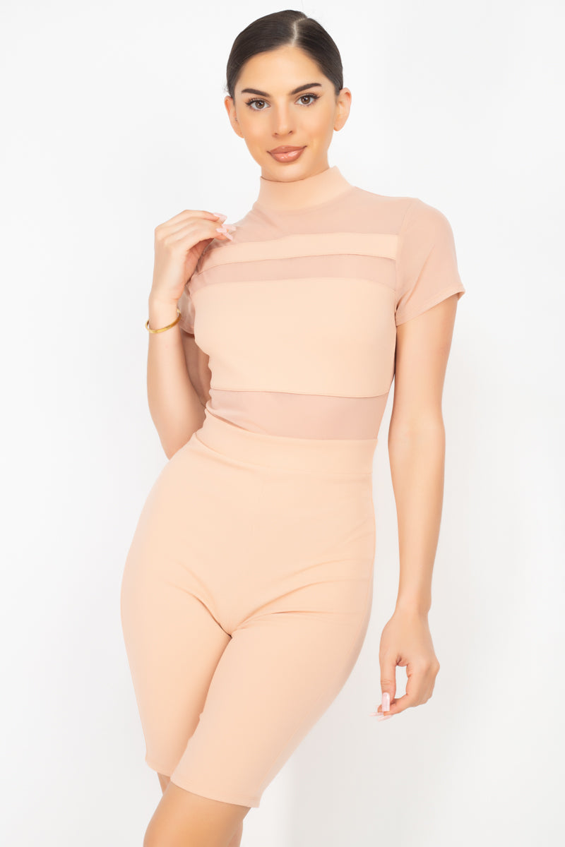 Stripe Mesh Mock Neck Biker Romper – multicolor, fashion, women style