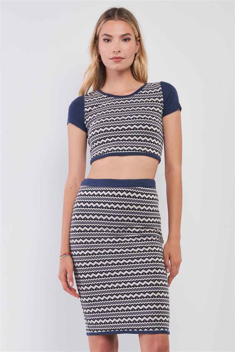 Sale - Navy & White Geometrical Pattern Short Sleeve Crop Top & High-waisted Pencil Skirt Two Piece Set – On Sale Now