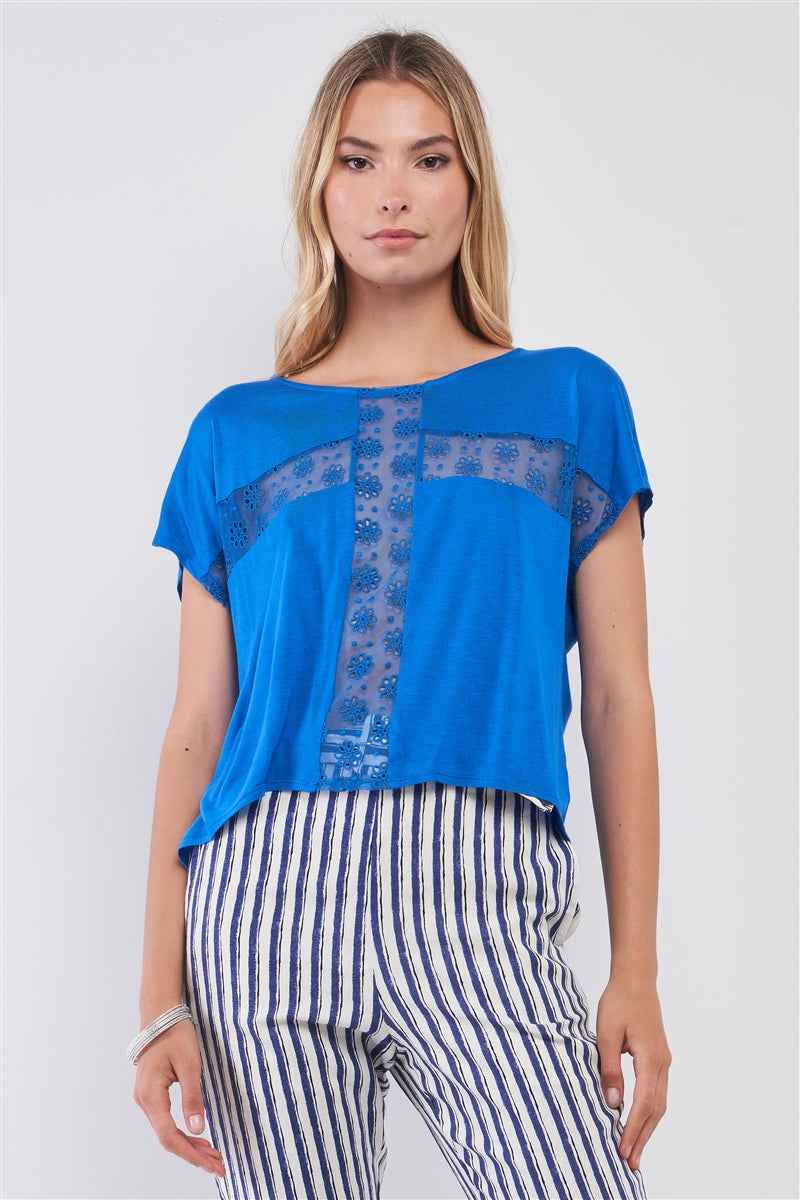 Sale - Royal Blue Boat Neck Short Sleeve See-trough Cross Cut-in Detail With Floral Embroidery Top – On Sale Now