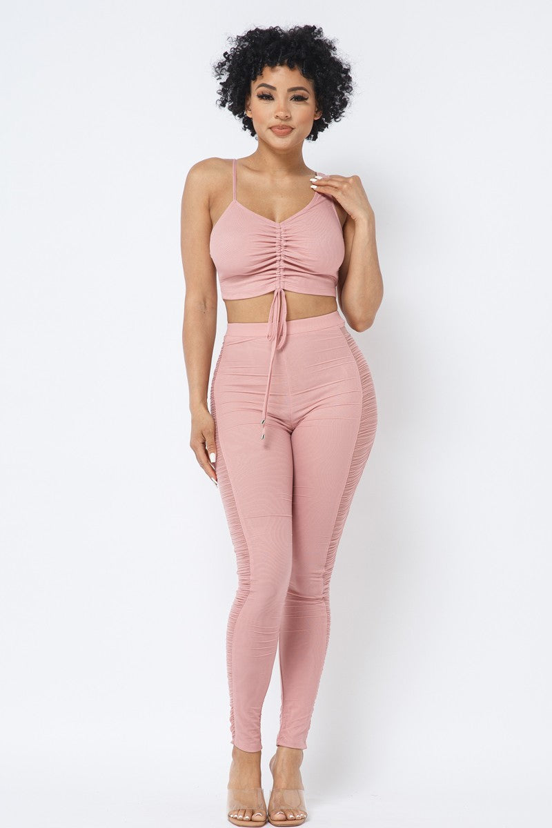 Sale - Mesh Strappy Adjustable Ruched Crop Top With Matching See Through Side Panel Leggings – On Sale Now
