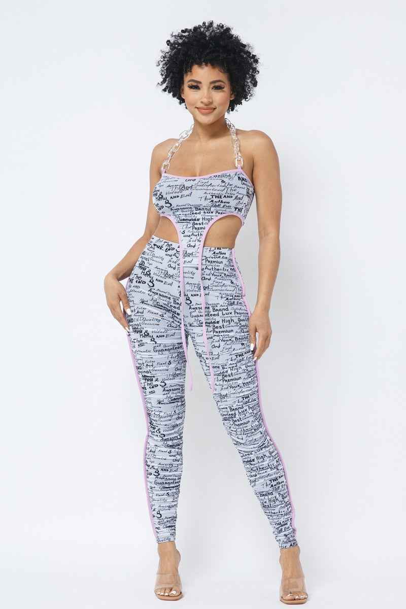 Sale - Mesh Print Crop Top With Plastic Chain Halter Neck With Matching Leggings – On Sale Now