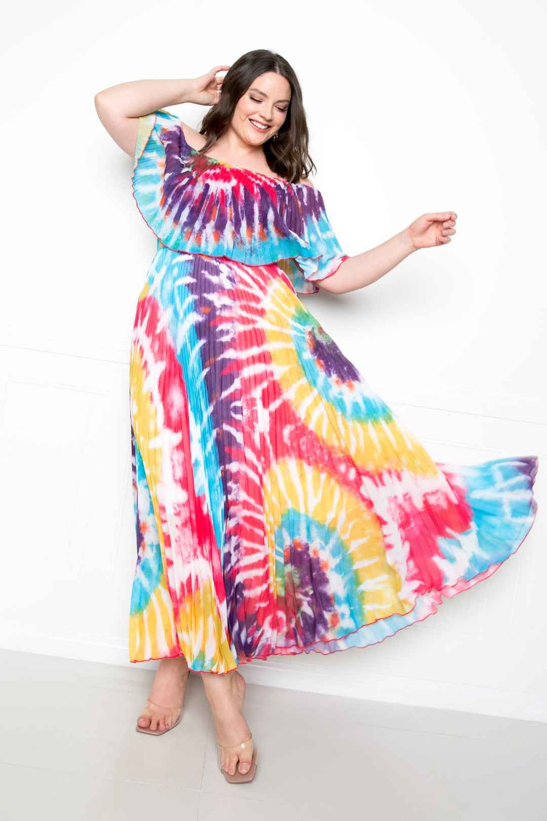 Plus Size Tie Dye Off Shoulder Pleated Maxi Dress – Stylish & Comfortable – men’s fashion, stylish and versatile