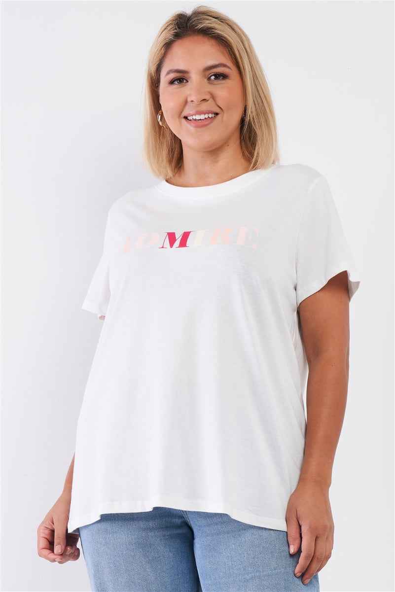Plus Size Off-white Admire Print Logo Detail Crew Neck Relaxed Fit Top – Stylish & Comfortable – men’s fashion, stylish and versatile