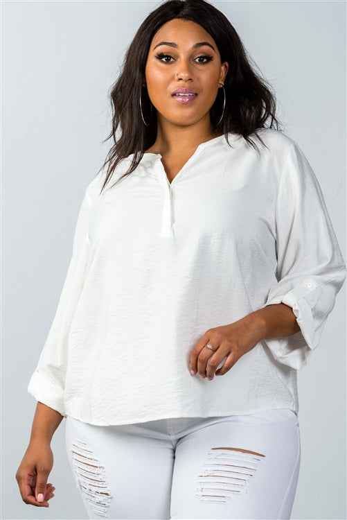 Plus Size Oatmeal Stand-up Collar Roll Tab Sleeve Blouse β Stylish & Comfortable β menβs fashion, stylish and versatile