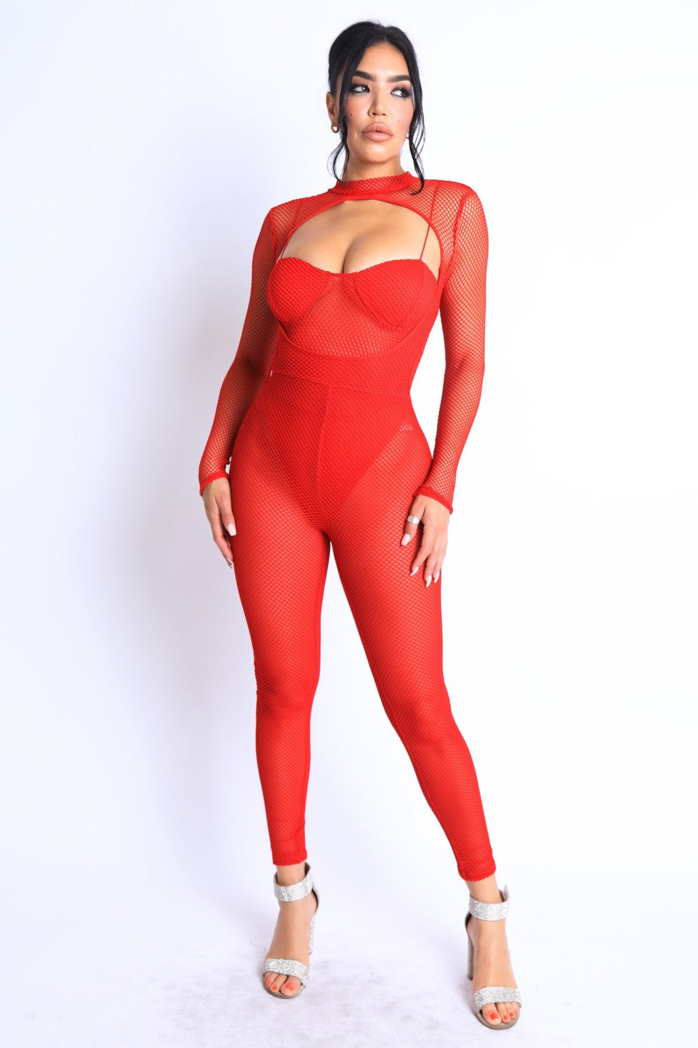 Mesh Crop Jumpsuit Set – red, fashion, women style