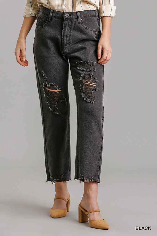 Sale - 5 Pockets Non-stretch Straight Cut Distressed Denim Jeans With Raw Hem – On Sale Now