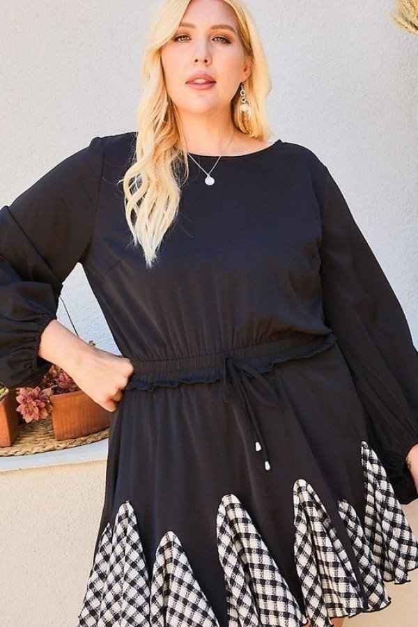 Plus Size Round Neck 3/4 Bubble Sleeve Gingham Ruffle Romper β Stylish & Comfortable β menβs fashion, stylish and versatile
