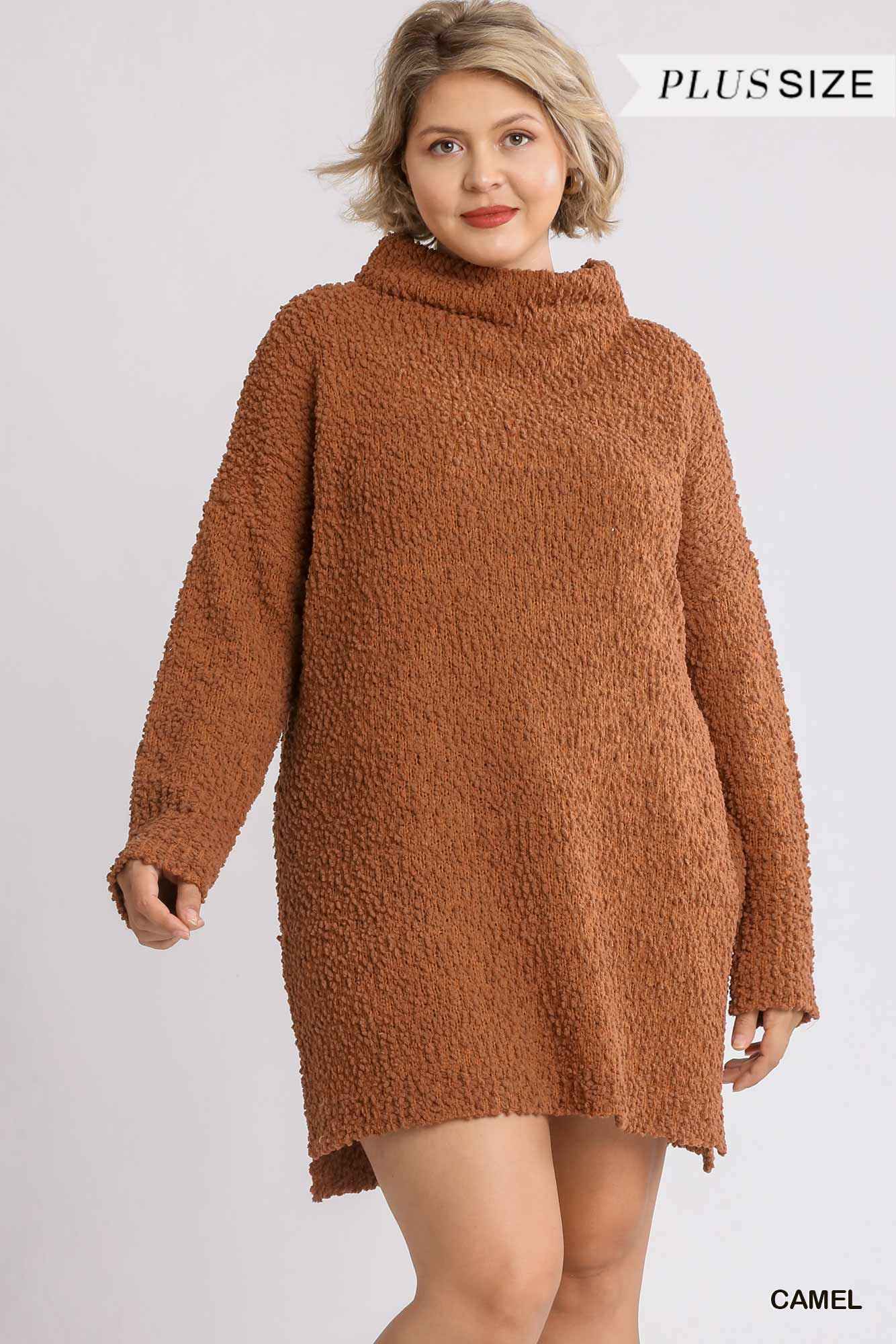 Plus Size High Cowl Neck Bouclé Long Sleeve Sweater Dress – Stylish & Comfortable – men’s fashion, stylish and versatile