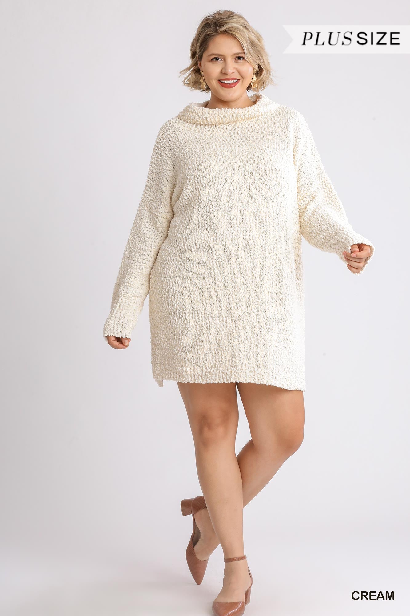 Plus Size High Cowl Neck Bouclé Long Sleeve Sweater Dress – Stylish & Comfortable – men’s fashion, stylish and versatile