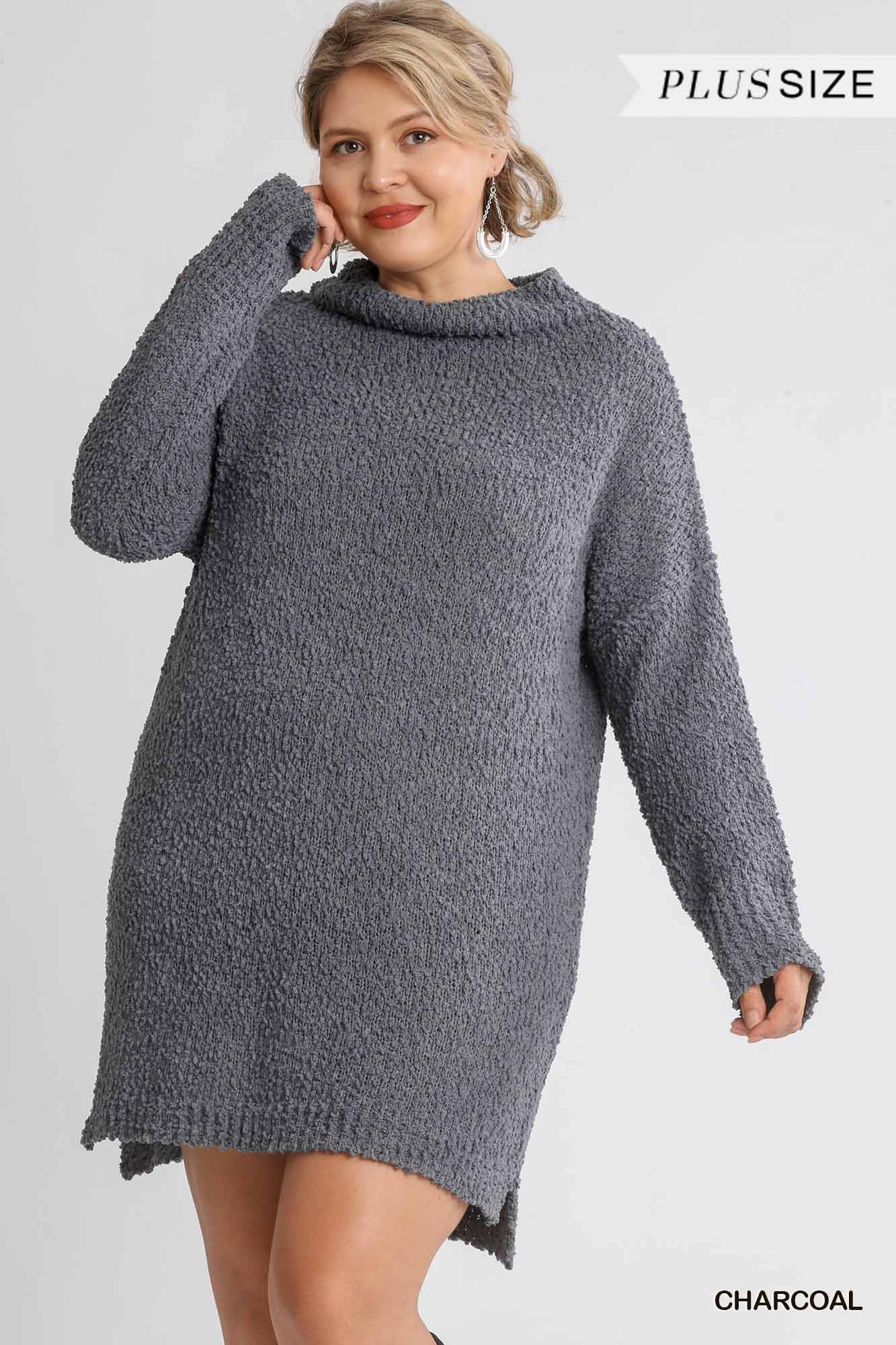 Plus Size High Cowl Neck Bouclé Long Sleeve Sweater Dress – Stylish & Comfortable – men’s fashion, stylish and versatile