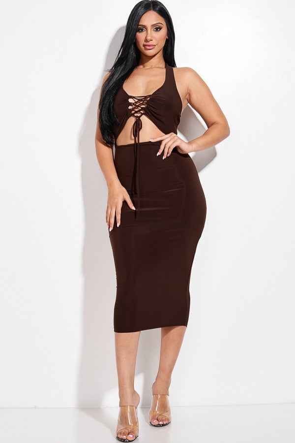 Sale - Solid Halter Neck Midi Dress With Criss Cross Front And Cutout – On Sale Now