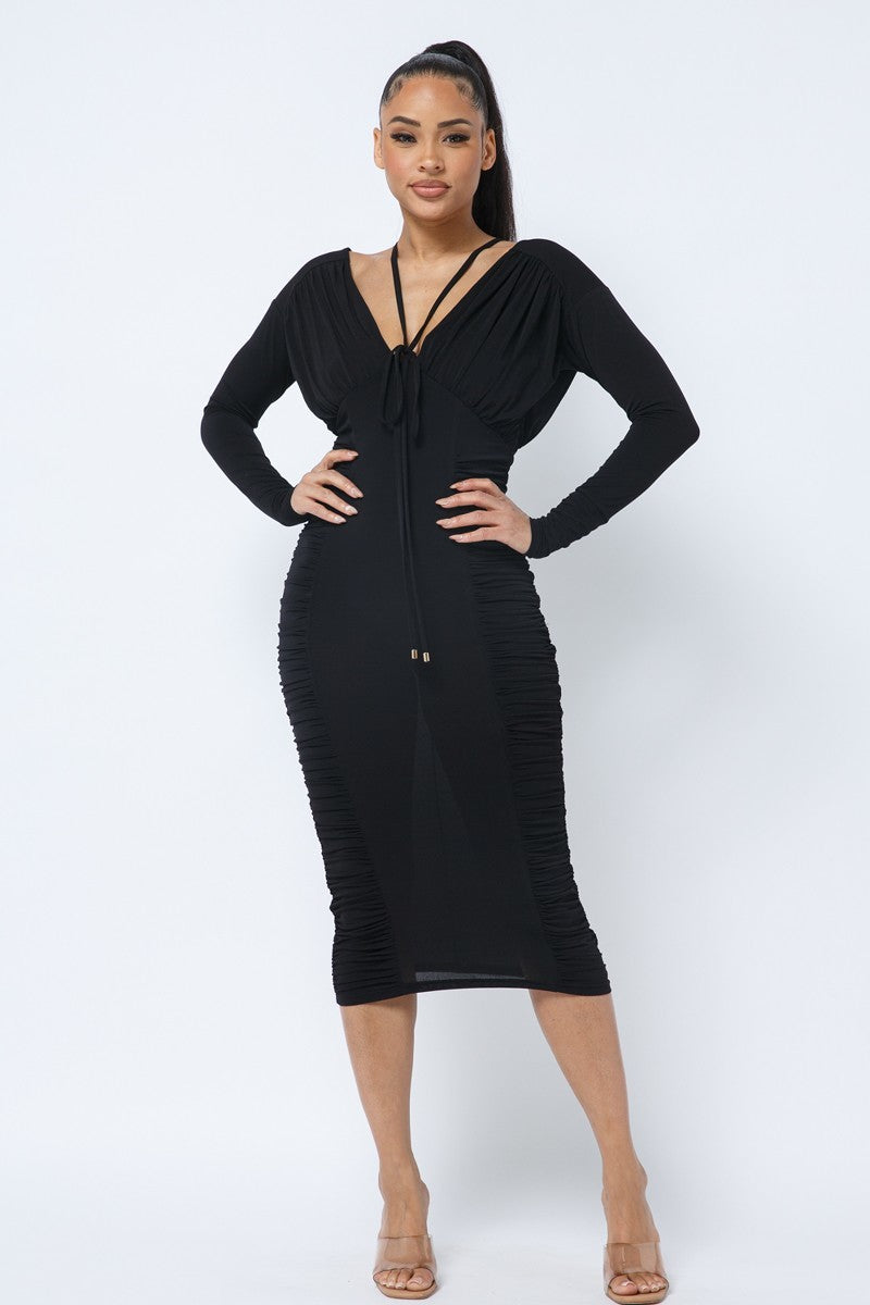 Sale - Long Sleeve Midi Dress With Low V Neck Front And Back With Ruching On Sides And Chest – On Sale Now