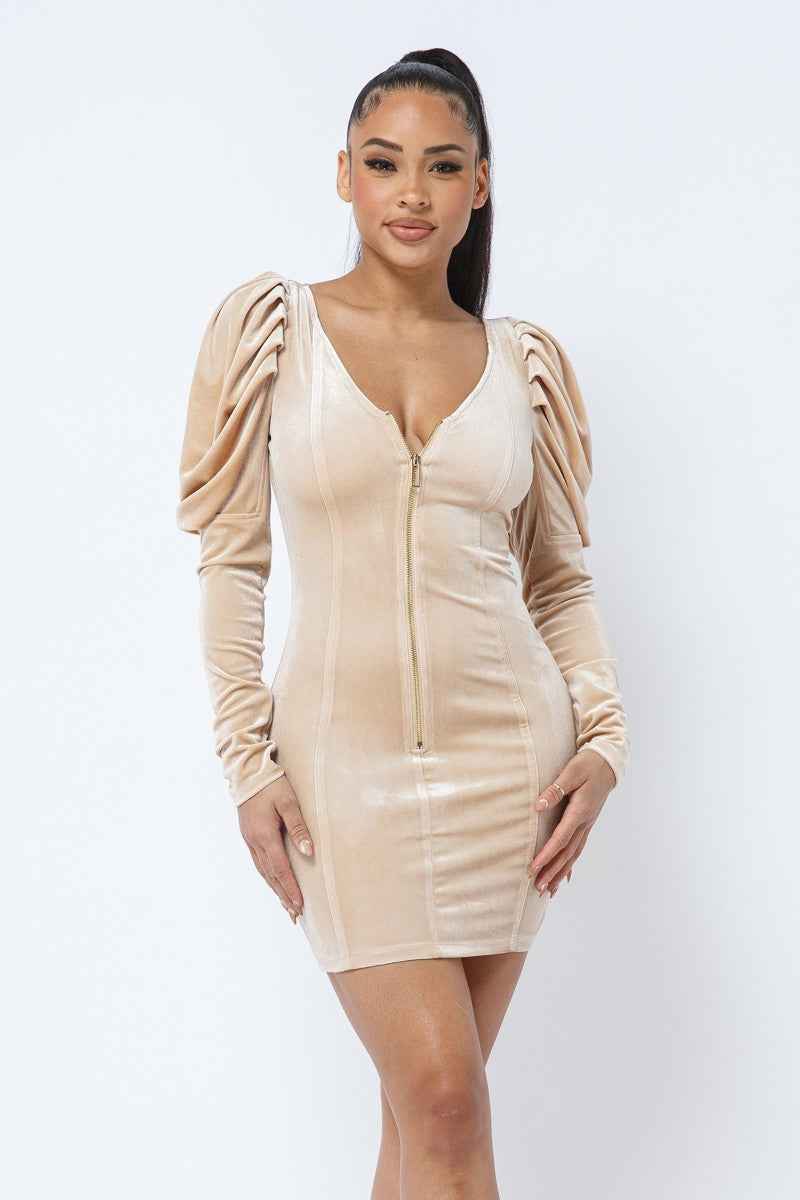 Sale - Soft Velvet Pleated Puff Sleeve Low V Neck Front And Back Mini Dress – On Sale Now
