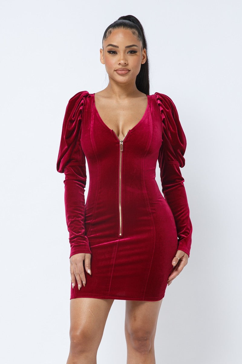 Sale - Soft Velvet Pleated Puff Sleeve Low V Neck Front And Back Mini Dress – On Sale Now