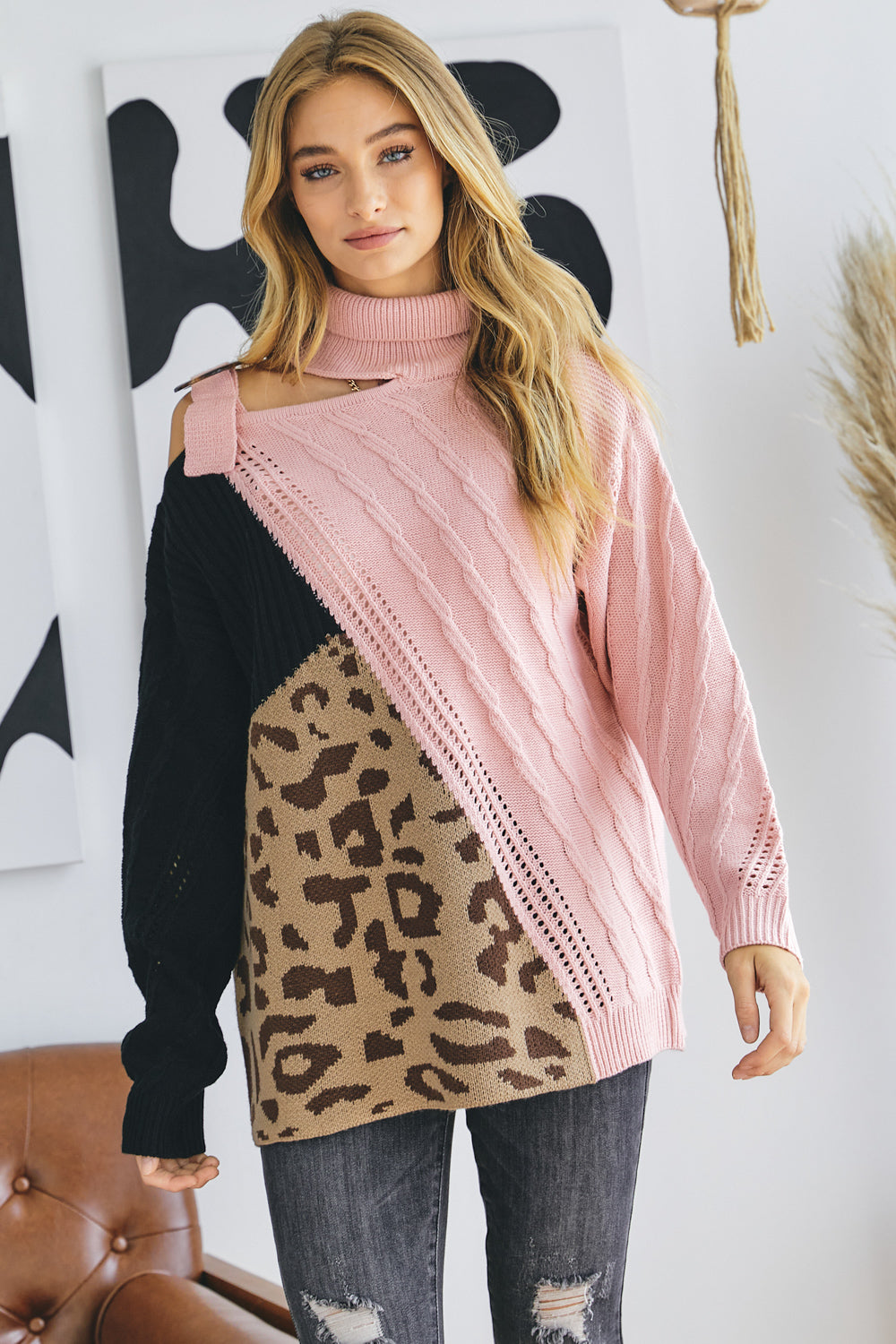 Sale - Turtle Neck Color Block Cutout Sweater – On Sale Now