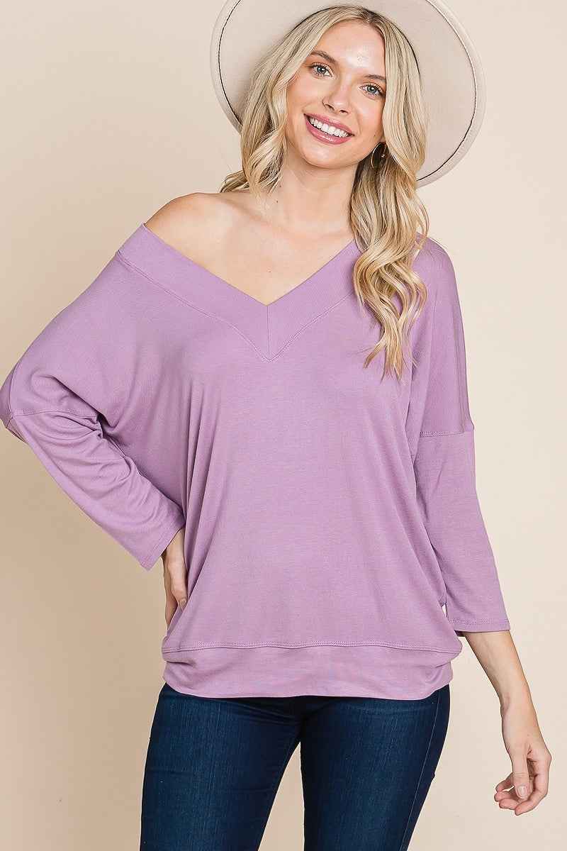 Sale - Solid Rib Modal Casual 3/4 Sleeves Dolman Sleeves Top – On Sale Now