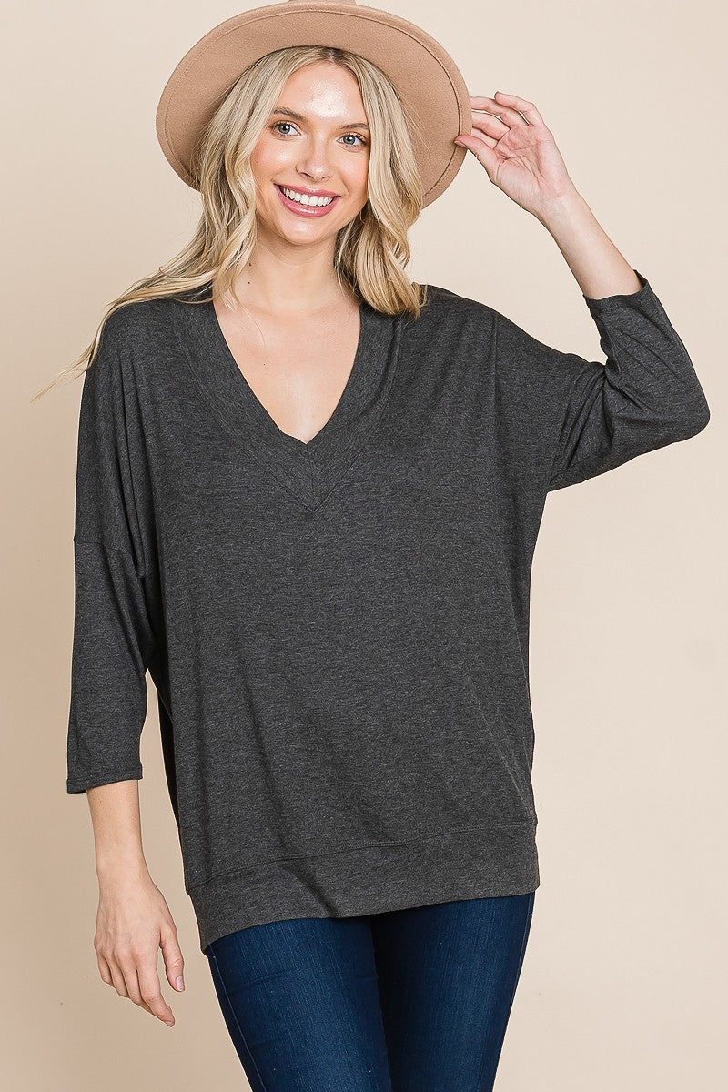 Sale - Solid Rib Modal Casual 3/4 Sleeves Dolman Sleeves Top – On Sale Now