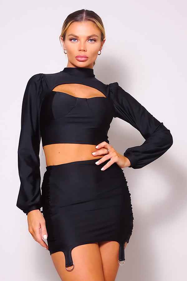 Sale - Puff Long Sleeve Front Cutout Turtleneck Blouse & Side Ruched Garter Mini Skirt Set – On Sale Now