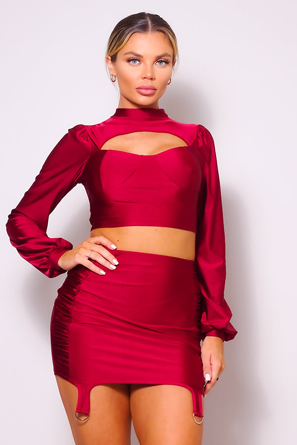 Sale - Puff Long Sleeve Front Cutout Turtleneck Blouse & Side Ruched Garter Mini Skirt Set – On Sale Now