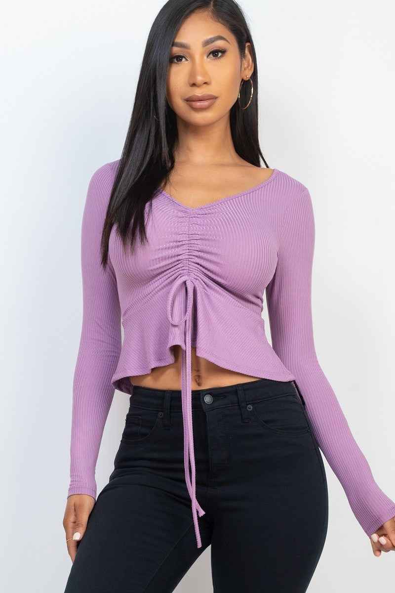Sale - Ribbed Drawstring Front Long Sleeve Peplum Top – On Sale Now