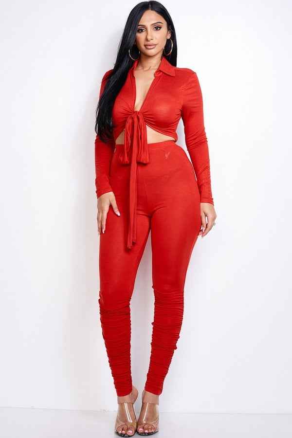 Sale - Solid Heavy Rayon Spandex Collared Tie Front Top And Ruched Pants Two Piece Set – On Sale Now