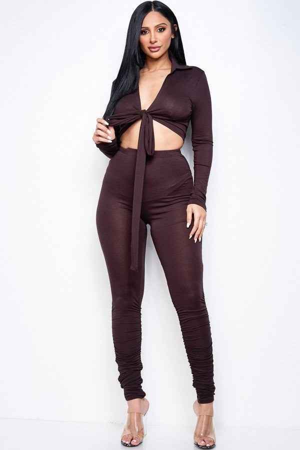 Sale - Solid Heavy Rayon Spandex Collared Tie Front Top And Ruched Pants Two Piece Set – On Sale Now