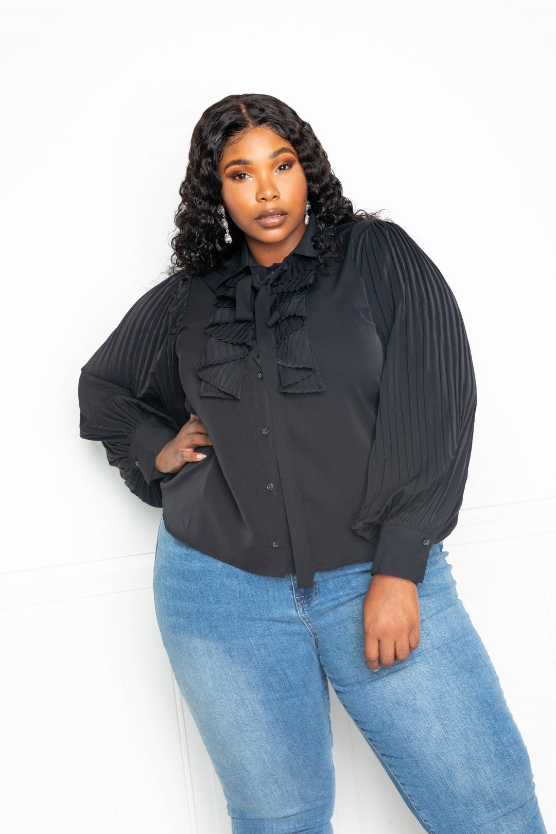 Plus Size Pleated Sleeve Blouse With Waterfall Frill And Bow β Stylish & Comfortable β menβs fashion, stylish and versatile