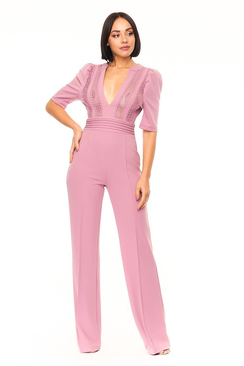 Deep V-neck Crochet Bodice Jumpsuit – multicolor, fashion, women style