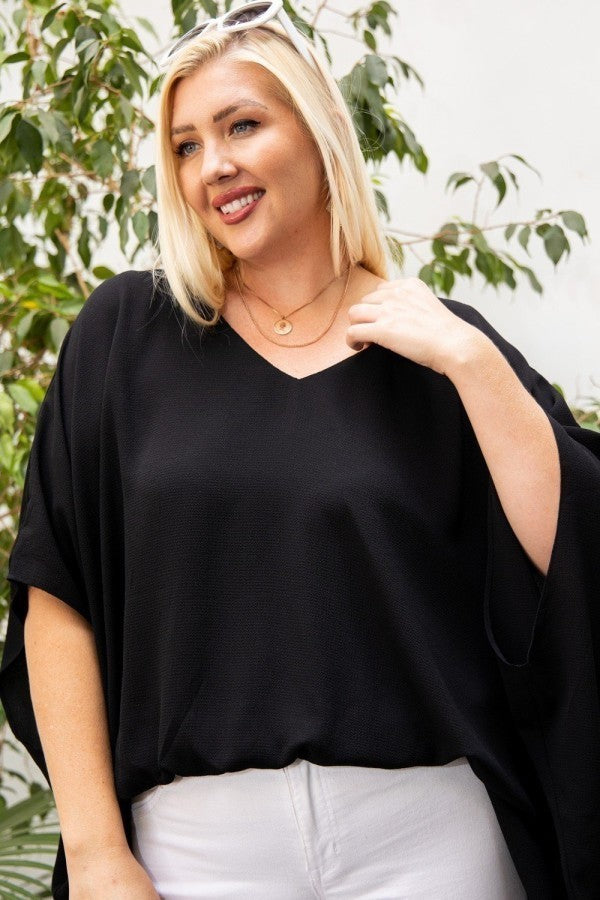 Plus Size V Neck Dolman Sleeves Front Waist Elastic Solid Top β Stylish & Comfortable β menβs fashion, stylish and versatile