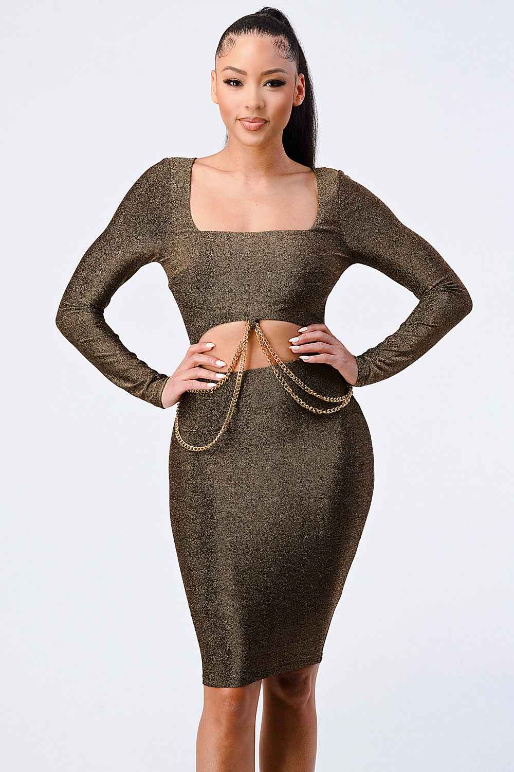 Sale - Luxe Waist Gold Chain Cut-out Detail Square Neck Glitter Bodycon Dress – On Sale Now