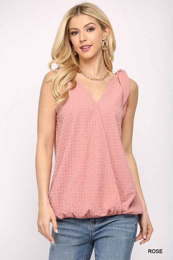 Sale - Solid Textured And Sleeveless Surplice Top With Shoulder Tie – On Sale Now