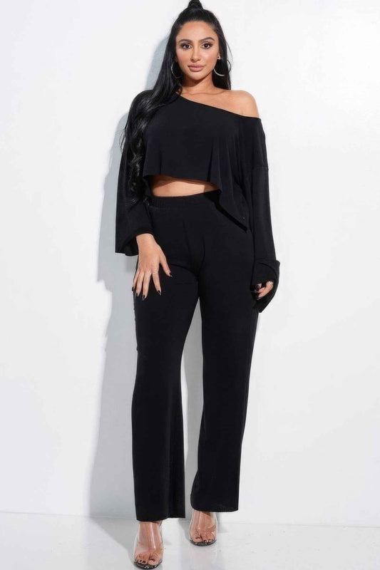 Sale - Solid French Terry Long Slouchy Long Sleeve Top And Pants With Pockets Two Piece Set – On Sale Now