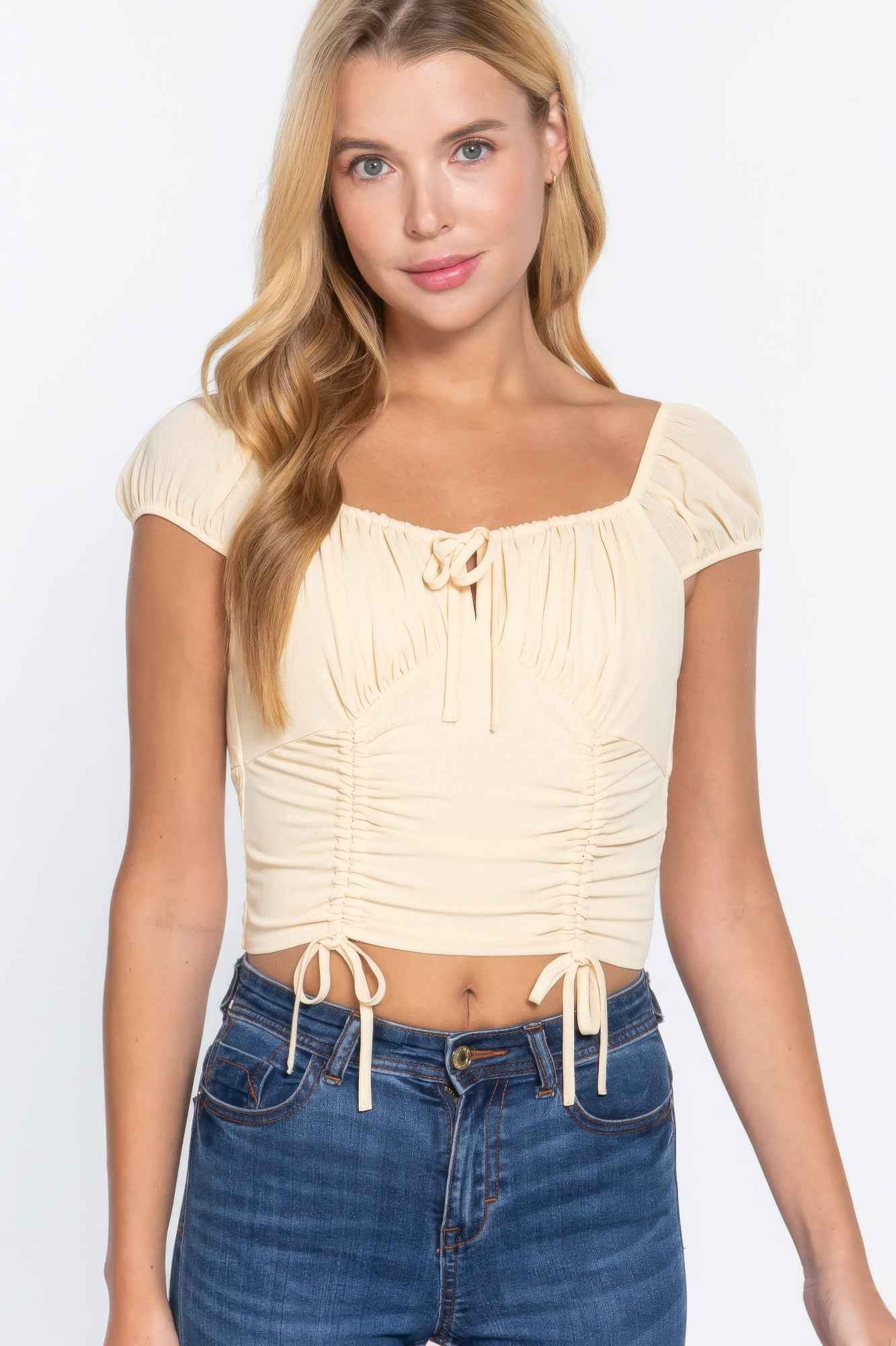 Sale - Short Sleeve Front Tie Ruched Detail Woven Top – On Sale Now