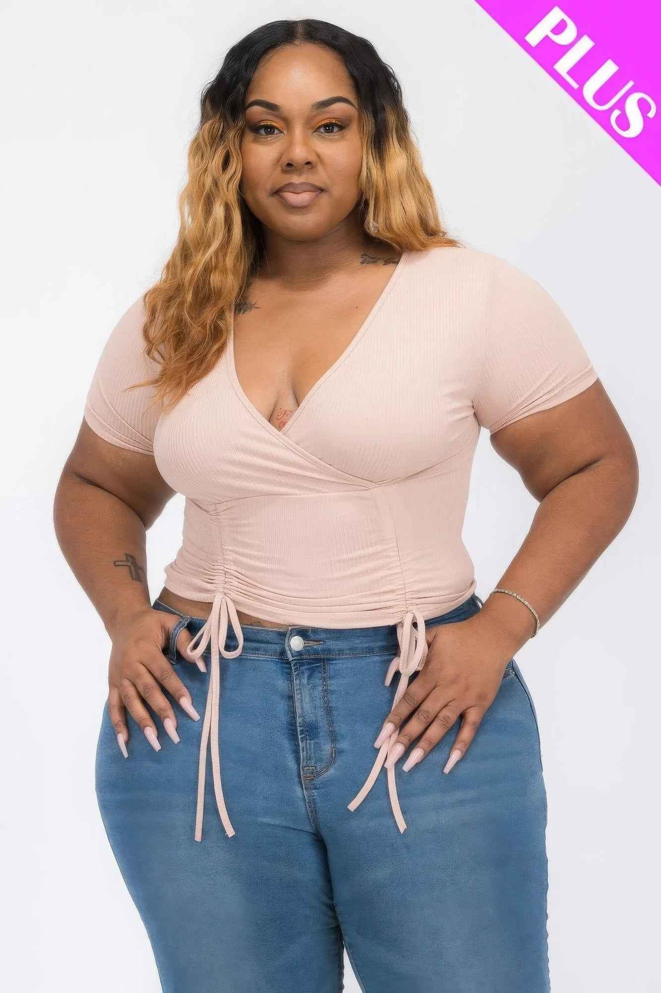 Plus Size Plus Ribbed Ruched Drawstring Surplice Top β Stylish & Comfortable β menβs fashion, stylish and versatile